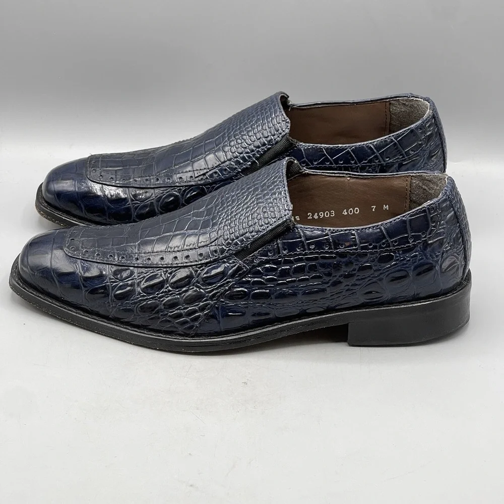 Stacy Adams Men's 7 Shoes Blue Slip On Leather Croc Print‎ Navy Tedesco 24903